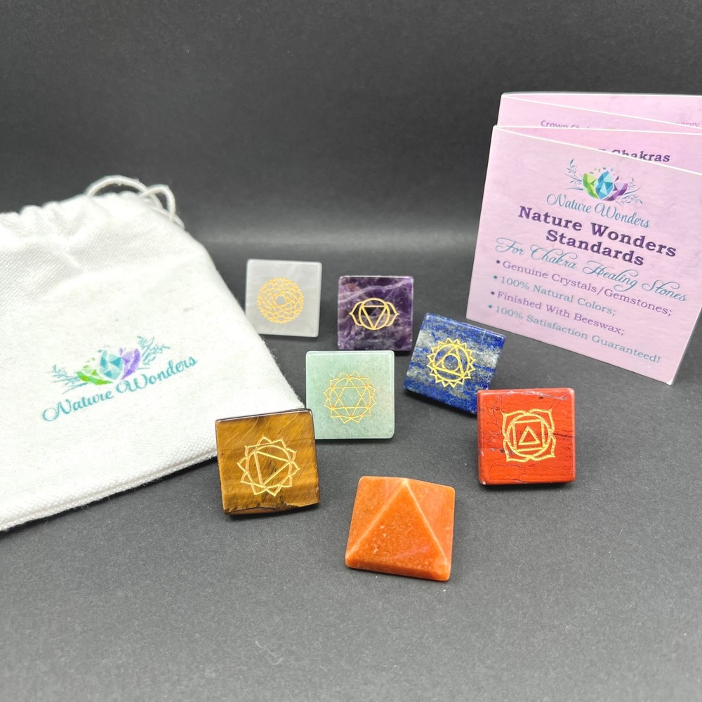Chakra Crystals Pyramid Multicolor Engraved 7pc Nature Wonders Chakra Stones
